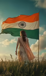a woman is walking with an indian flag