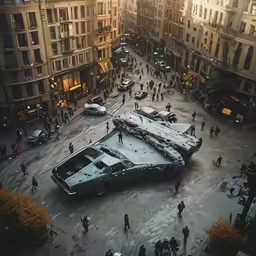 a group of people in a busy plaza