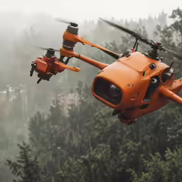 an orange helicopter flies over the tree line