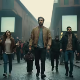 a group of people walking down a street next to brick buildings