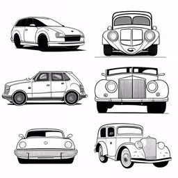 a drawing of different types of cars in a line,some cars in the style of an old car