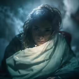 a woman is wrapped up and staring off into the distance