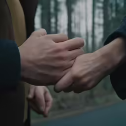 the couple are holding hands on a forest path