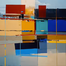 a large colorful building sitting behind the water,a multicolored building is reflecting in the water