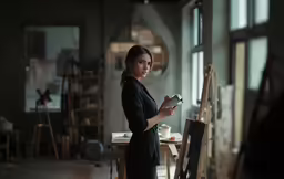 a woman holding a remote control standing in front of easel in a studio
