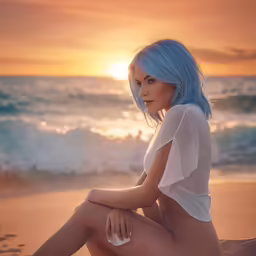 a woman sitting on a beach during sunset
