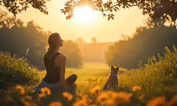 a woman is sitting in the sun with her dog