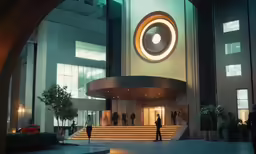 people standing outside a building that has an unusual entrance