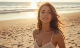 a woman in a bikini on the beach at sunset