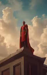 a man in a red cape and a red cape stands on the top of a building