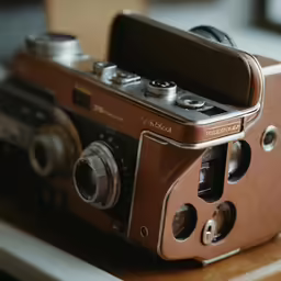 a brown analog camera on a table