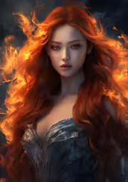 the fiery - haired girl is wearing a black dress,a painting of a woman with red hair