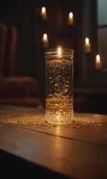 a glass of beverage with a candle lit inside it