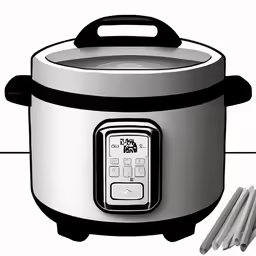 a white drawing of a pressure cooker and tongs