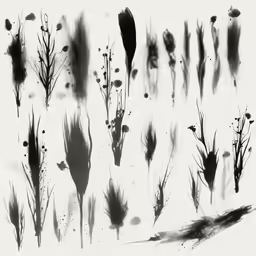 some very thin plants and small flowers on a white background
