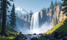 the mountains are in full view and there are trees and rocks around the falls
