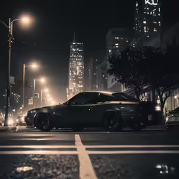 a black car parked at an intersection with street lights