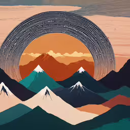 a colorful artwork shows mountains, with mountains in the distance,a stylized picture with mountains and a sky in the background