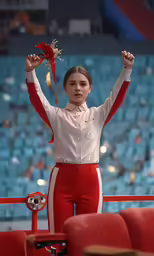 a female with her hands in the air while standing in front of an audience at a sporting event
