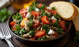 a salad in a bowl is next to a sliced of bread