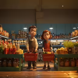 a couple in red aprons with baskets on their heads
