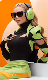 a girl wearing green and black with headphones
