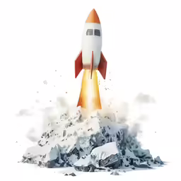 the orange and white rocket is flying low to the ground