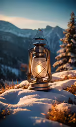 an old fashioned lantern on top of a snowy hill