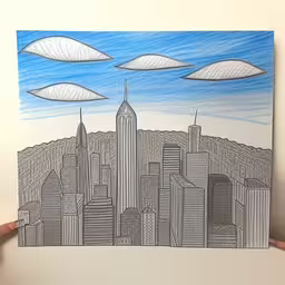 drawing of cityscape with multiple shapes and lines,drawing of an image in pen and colored paper