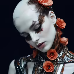 an elegant and unique looking woman with fake flowers in her hair