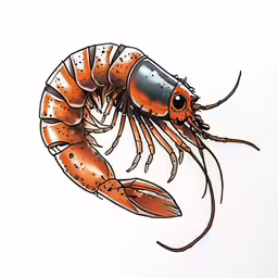 a drawing of an orange and white shrimp