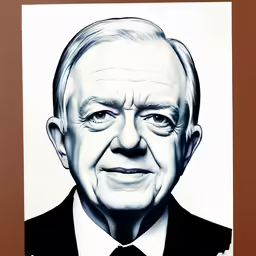the drawing depicts a smiling man in black suit and tie