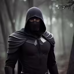 a man in a black ninja outfit wearing a hooded hood