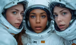 three beautiful young women in space suits