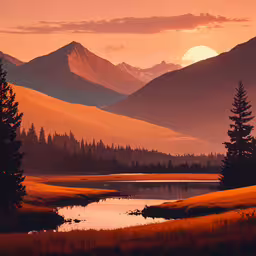 sunset with trees and mountains reflected in water,a sunset view of mountains and a lake