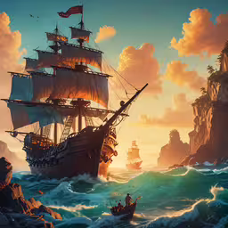 a painting of a pirate ship in the ocean,a cartoon boat that is in the ocean
