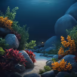 an underwater landscape with lots of plants and rocks