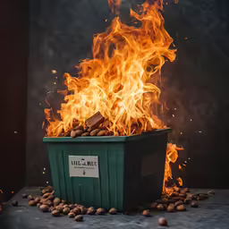 the fire burns in a bucket full of nuts