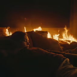 a woman is sitting by the fireplace as flames consume through her jacket