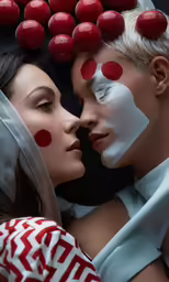 two models each have their faces painted red apples and all are covered with white paint