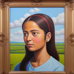 a painting of a girl with long brown hair