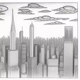 the city is sketched with pencil and then ink,pencil drawing of a city skyline with mountains and skyscrapers