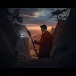 a man in a red suit holding a light stick on top of a mountain