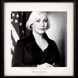 a woman is posing for a photograph in front of an american flag