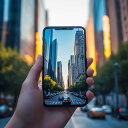someone is taking a selfie of their cellphone near the city