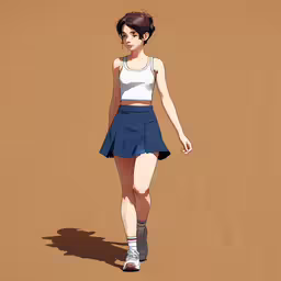 a young lady walking down a street next to a wall,a girl in a short skirt walking across the street