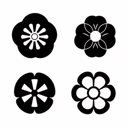 flowers set with different sizes and colors,four flower icons in black and white on a white background