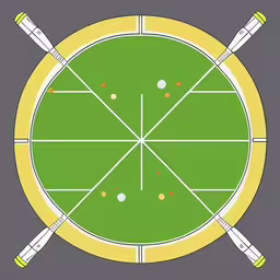 a round game with three bats on it,an image of a game of badminton,a stylized representation of two bats and three balls in a target setting,a diagram of an artificial game with three different bats,the image is an image of a cricket field