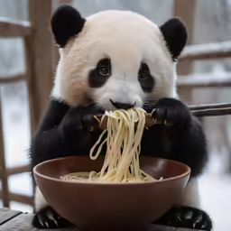 a panda bear eating from a bowl of pasta