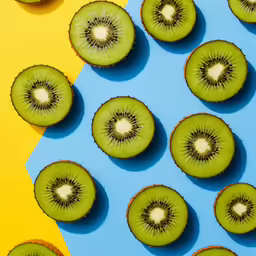 sliced kiwi and slices cut in half sitting on a multi - colored surface